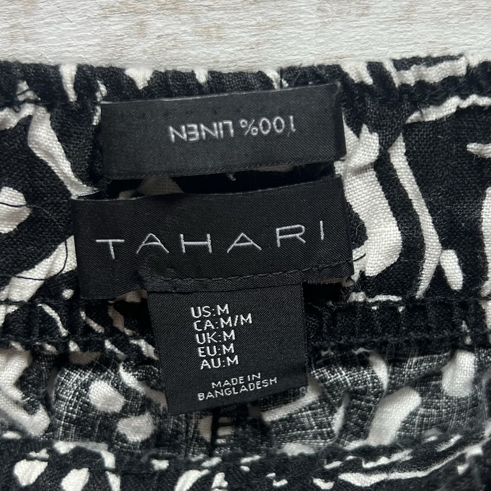 Tahari Wide Leg Linen Pants Womens Medium Black White Elastic Waist Pockets - Picture 5 of 9